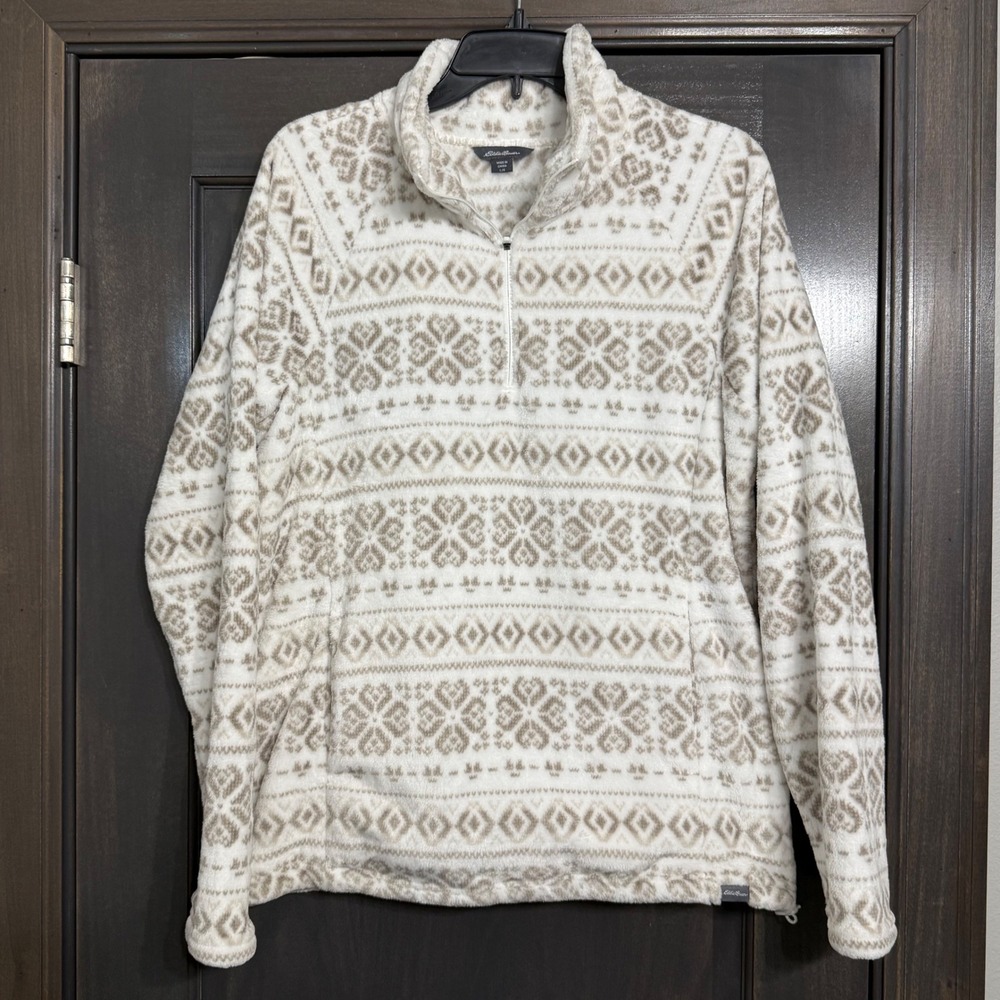 Eddie Bauer Womens L Cream Taupe Fair Isle Quarter Zip Fleece Pullover Sweater